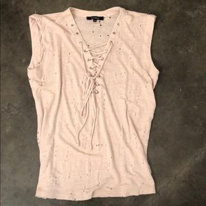 Light Pink Distressed Lace Up Tank